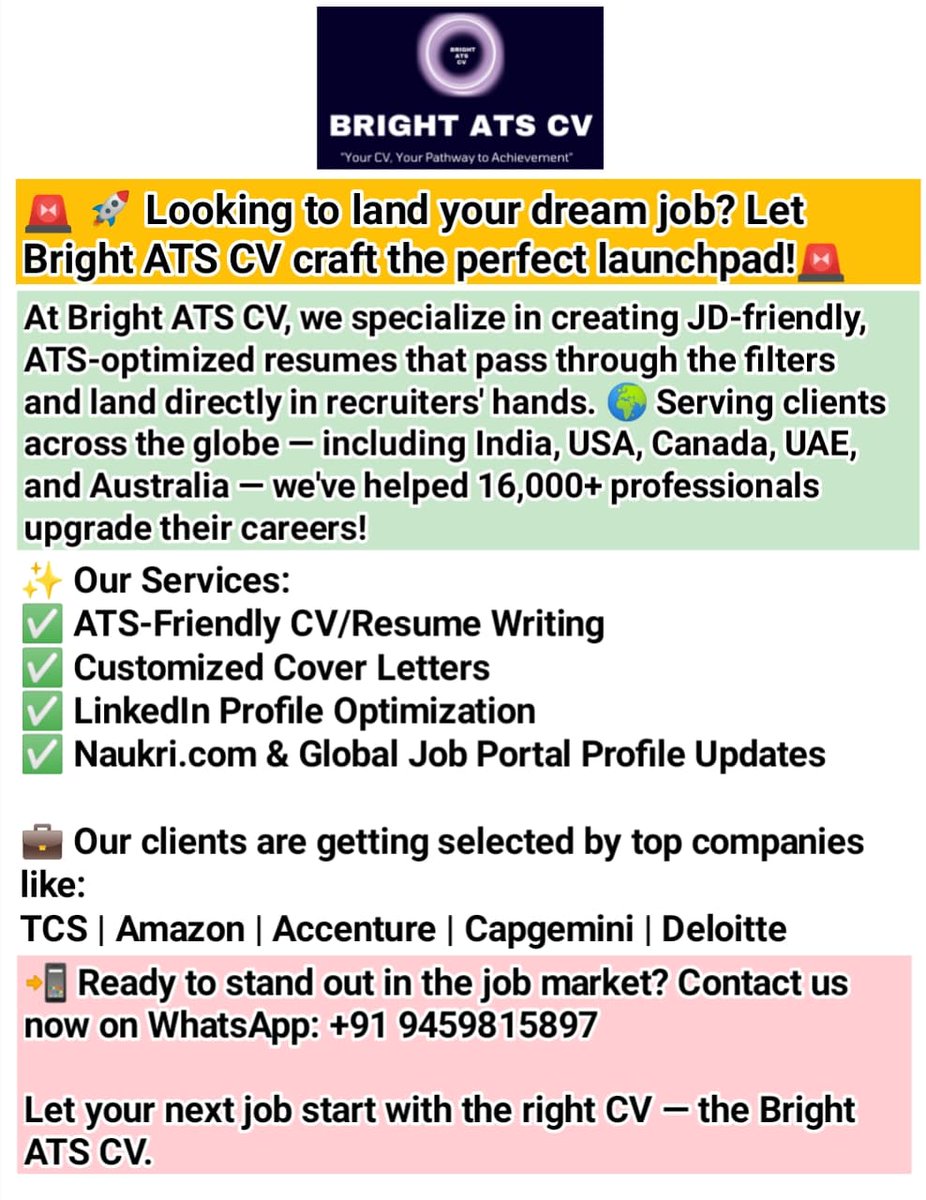 BrightATSCV's tweet image. 🚀 Dream job ahead? Bright ATS CV crafts resumes that pass ATS filters &amp;amp; impress recruiters! 🌍 16K+ careers upgraded across India, USA, UAE &amp;amp; more.

✅ ATS CVs
✅ Cover Letters
✅ LinkedIn Revamp
📲 WhatsApp: +91 9459815897

#ATSCV #ResumeWriting