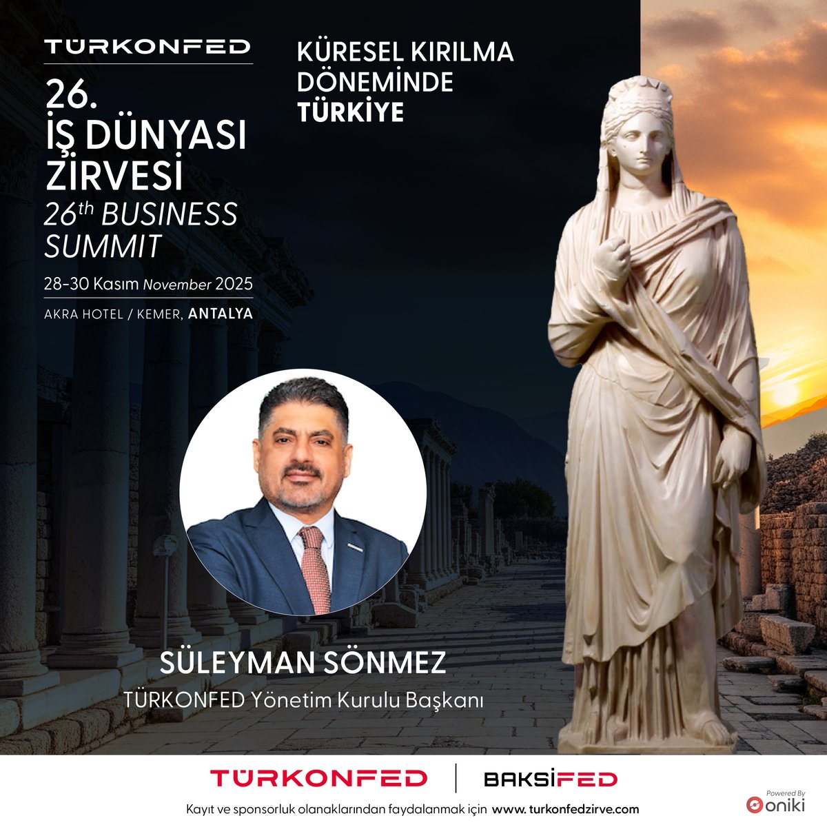 İş dünyasının önde gelen isimleriyle aynı çatı altında buluşmaya çok az kaldı!

TÜRKONFED olarak, bağımsızlık ve gönüllülük esasıyla ülkemizin dört bir yanındaki iş dünyası derneklerini buluşturan bu büyük yapının 26. İş Dünyası Zirvesi’ne hazırlanıyor olmanın heyecanını
