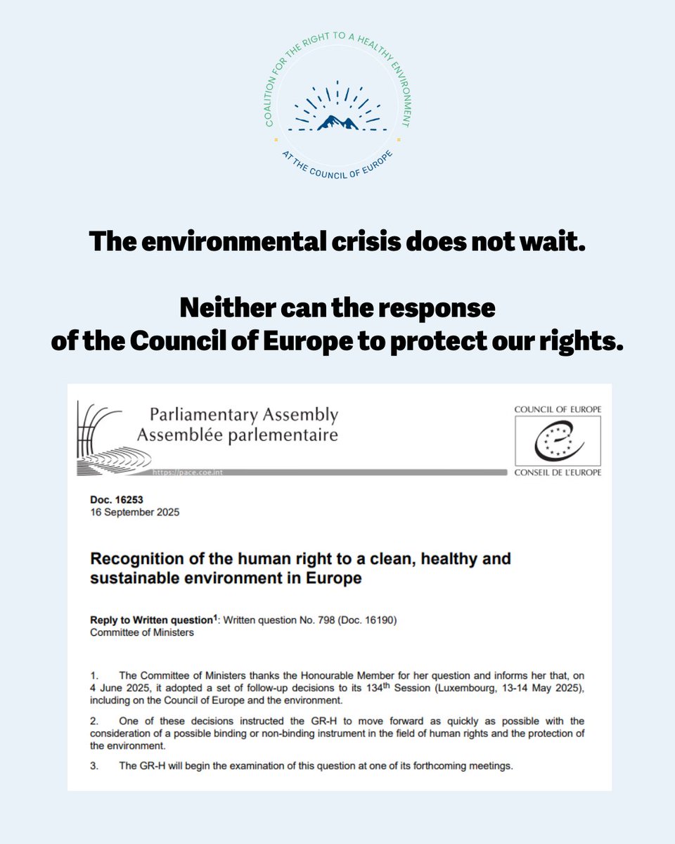 Right to a Healthy Environment at the CoE (@healthyenvcoe) on Twitter photo Last June, Italian MP & <a href="/PACE_News/">PACE</a> member <a href="/FloridiaAu38597/">Aurora Floridia</a> asked a critical question to the <a href="/coe/">Council of Europe</a> Committee of Ministers:
❓Will European leaders finally launch the drafting of a legally binding instrument on the right to a healthy environment?
1/5 Last June, Italian MP & <a href="/PACE_News/">PACE</a> member <a href="/FloridiaAu38597/">Aurora Floridia</a> asked a critical question to the <a href="/coe/">Council of Europe</a> Committee of Ministers:
❓Will European leaders finally launch the drafting of a legally binding instrument on the right to a healthy environment?
1/5
