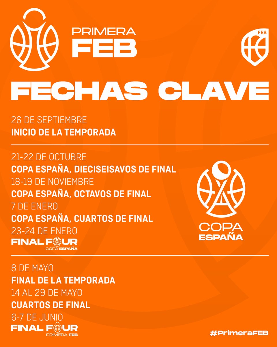 ⛹️‍♂️ #PrimeraFEB | Mañana vuelve 🔥

Deja este tuit a mano con todas las 𝑭𝑬𝑪𝑯𝑨𝑺 𝑪𝑳𝑨𝑽𝑬𝑺 de esta temporada 🖍️

Todos los partidos de la #PrimeraFEB y la #CopaEspañaFEB se verán en <a href="/LaLigaPlus/">LALIGA+</a> 📺