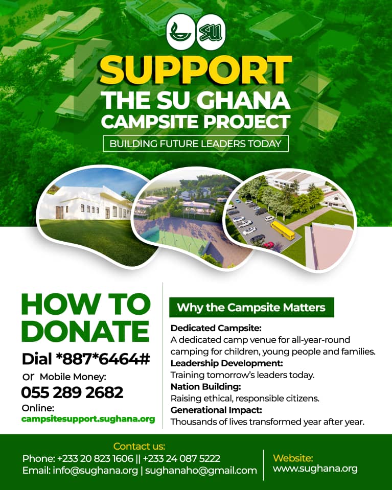 ✨ 2 Days More

Join us for the SU Fundraising Dinner at the Alisa Hotel this Saturday. 

Buy your tickets at sughana.org/dinner or dial *725*9898# on all networks. 

You can also support the campsite by visiting campsitesupport.sughana.org

SU is Us! 
SU, God with Us!