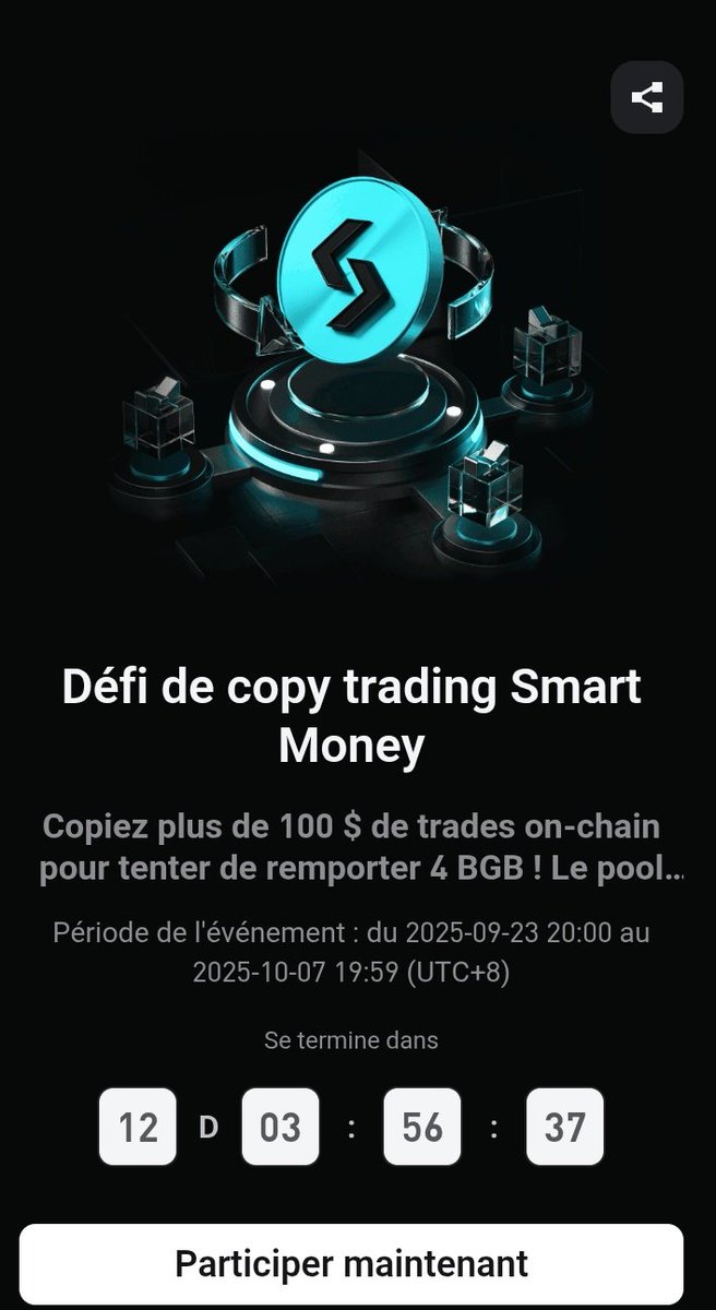 Lumarek2's tweet image. 🚨 Nouveau défi Bitget 
Tu copies, tu gagnes 

👉 Copiez des trades 100 $+ via Onchain Signals
👉 Chaque transaction = ticket de loterie UID
👉 Jusqu’à 50 000 $BGB à partager 

⏱️ 23 sept – 7 oct
Inscris-toi : bitget.com/fr/events/onch…

#BitgetOnchain #BitgetUEX #OnchainChallenge