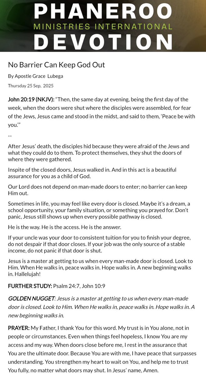 Good morning.
Here’s the devotional for today.
“No Barrier Can Keep God Out”.