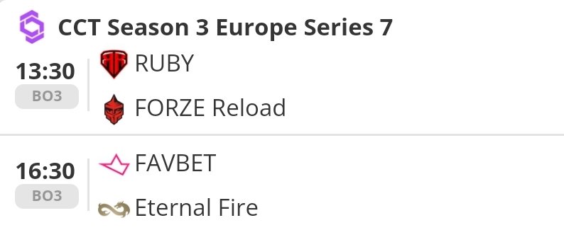 Good Morning 🌞

Day 7 of Swiss Stage at <a href="/CCT_CS/">Champion of Champions Tour CS2</a> Europe Series 7 ✌🏽

My predictions:
<a href="/forzegg/">FORZE Esports</a> 
<a href="/eternalfiregg/">Eternal Fire</a> 

🎙: <a href="/hazecastings/">Matt</a> &amp; <a href="/XnerCasts/">Cole McHenry</a> &amp; <a href="/V1nsonCasts/">V1nsonCasts</a> 

📺 kick.com/cct_cs3
