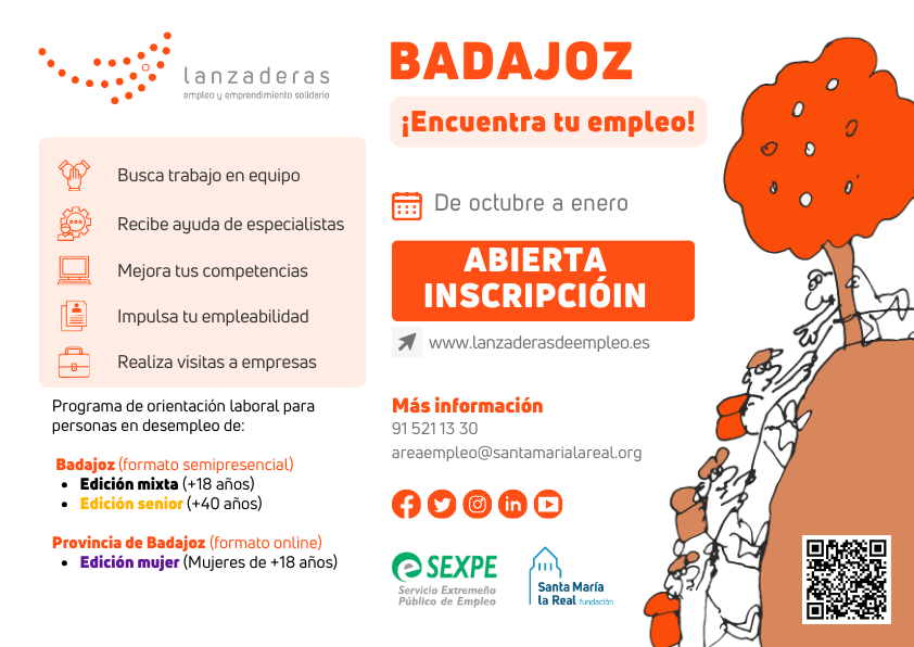 AreaEmpleoFSMLR's tweet photo. ¡Apúntate a las nuevas #Lanzaderas de empleo de 📍Badajoz! Comienzan en OCTUBRE y son GRATUITAS:

🔹 Mixta: de 18 a 60 años
🔹 Senior: +40 años en desempleo
🔹 Mujeres: prioridad para desempleadas tras maternidad o cuidados

📥 Inscríbete aquí: https://t.co/Dcl9YeGByE https://t.co/fdhPH1dzYn