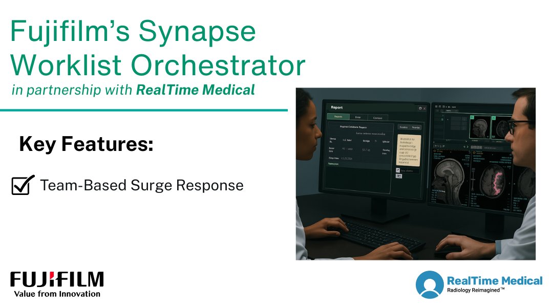 RealTimeMedical's tweet image. Respond dynamically to demand spikes with the Fujifilm’s Synapse Worklist Orchestrator in partnership with RealTime Medical.

Learn more: hubs.li/Q03CnHfh0

#fujifilmenterpriseimaging #radiologyreimagined #workloadbalancing #synapseworklistorchestrator