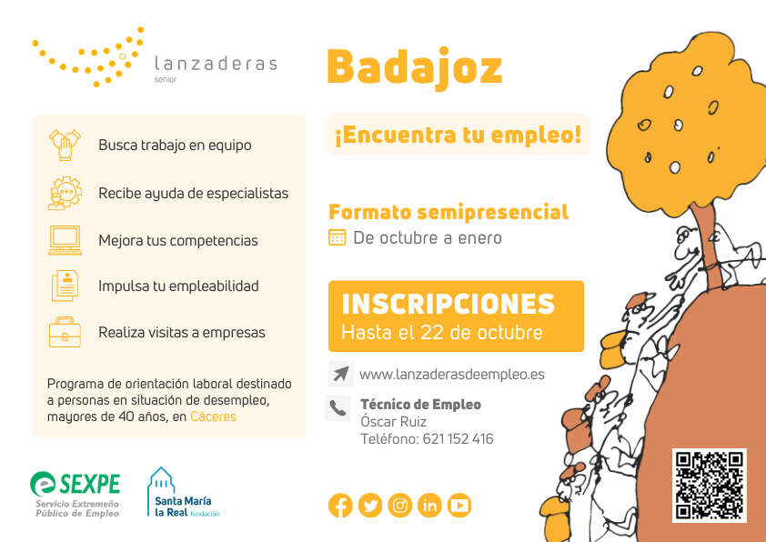 AreaEmpleoFSMLR's tweet photo. ¡Apúntate a las nuevas #Lanzaderas de empleo de 📍Badajoz! Comienzan en OCTUBRE y son GRATUITAS:

🔹 Mixta: de 18 a 60 años
🔹 Senior: +40 años en desempleo
🔹 Mujeres: prioridad para desempleadas tras maternidad o cuidados

📥 Inscríbete aquí: https://t.co/Dcl9YeGByE https://t.co/fdhPH1dzYn