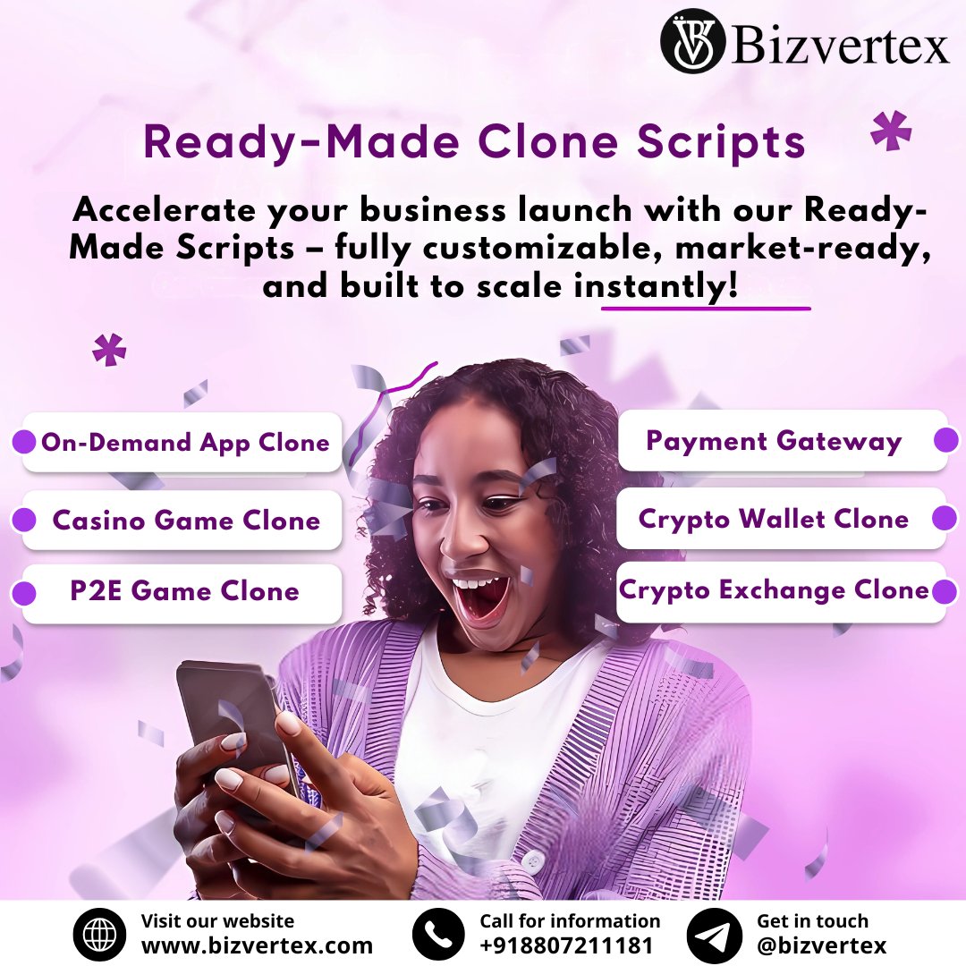 bizvertex's tweet image. 🚀 Launch smarter, not slower!
With #Bizvertex #ReadyMadeCloneScript, get market-ready, customizable & scalable solutions to bring your business idea to life instantly. 🌐✨
Visit Now - bizvertex.com/ready-made-clo…
#ReadyMadeCloneSoftwares #StartupGrowth #SoftwareDevelopmentCompany