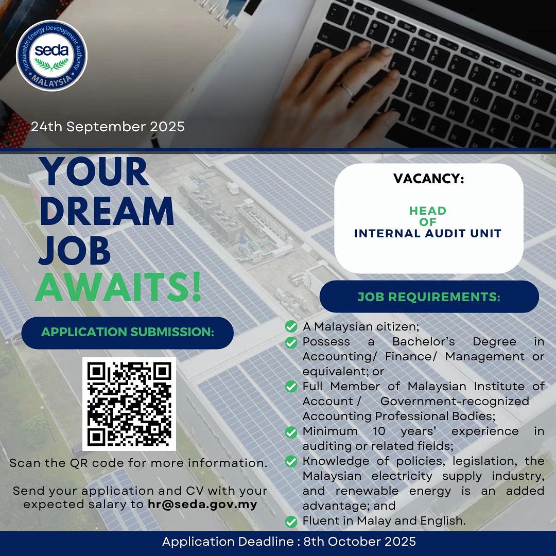 SEDAMalaysia's tweet image. SEDA Malaysia looking for a talented, dedicated, and highly motivated individual to join our team in driving Malaysia’s energy transformation.

Check out our website at seda.gov.my for more information about this position.

#jobvacancy #jobmalaysia #SEDAMalaysia…