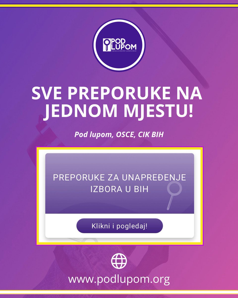 pod_lupom's tweet image. Koalicija „Pod lupom“ kreirala je jedinstvenu bazu preporuka za unapređenje izbornog procesa u #BiH, koja na jednom mjestu sadrži sve preporuke koje su u proteklih deset godina dali Pod lupom, @OSCEBiH , te @IZBORI_BA .

Posjeti bazu preporuka: podlupom.org/preporuke-za-u…