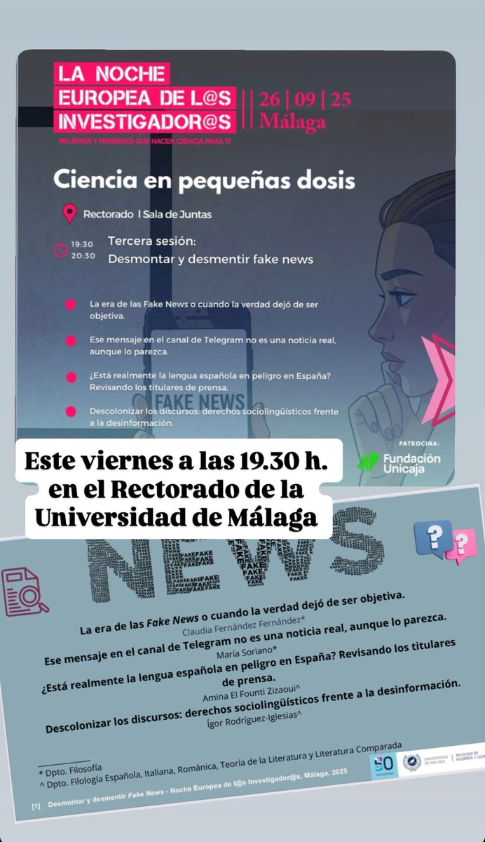 Amina El Founti (@aminafounti) on Twitter photo Os esperamos mañana en el rectorado de <a href="/InfoUMA/">Universidad de Málaga</a> para celebrar la #NIGHTSpain. "Desmontar y desmentir fake news", una actividad en la que participaremos miembros del Dptos. de Filosofía y Filología Española <a href="/LetrasUma/">Filosofía y Letras</a>, para abordar el asunto desde un perspectiva interdisciplinar. Os esperamos mañana en el rectorado de <a href="/InfoUMA/">Universidad de Málaga</a> para celebrar la #NIGHTSpain. "Desmontar y desmentir fake news", una actividad en la que participaremos miembros del Dptos. de Filosofía y Filología Española <a href="/LetrasUma/">Filosofía y Letras</a>, para abordar el asunto desde un perspectiva interdisciplinar.