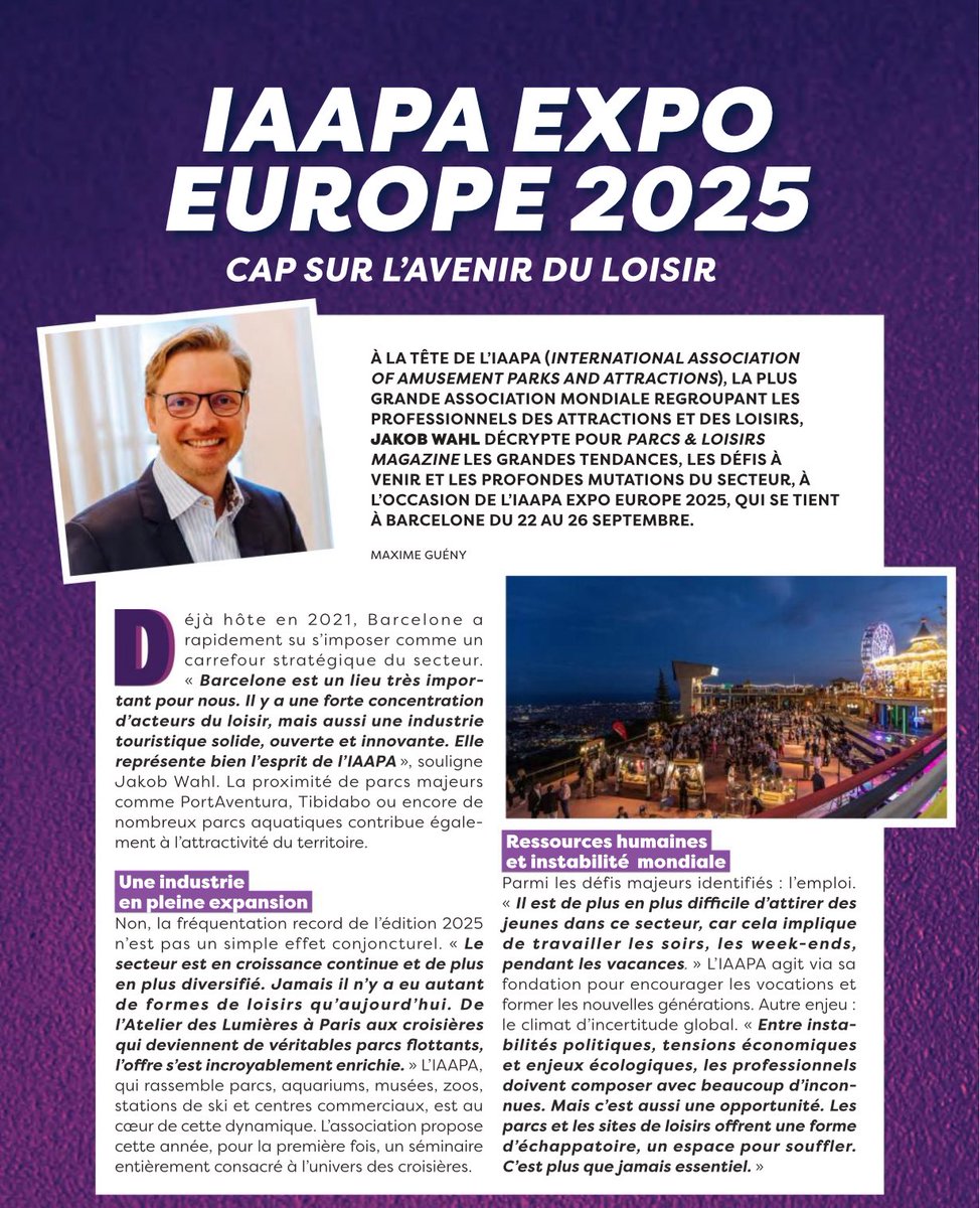 ParcsLoisirsMag's tweet image. 🎢Barcelone accueille l’IAAPA Expo Europe 2025, rendez-vous majeur des parcs et attractions.

Jakob Wahl, président de l’IAAPA, partage avec Parcs &amp;amp; Loisirs Magazine les tendances clés : durabilité, innovations immersives, ressources humaines et vitalité du marché français.

👉 À…