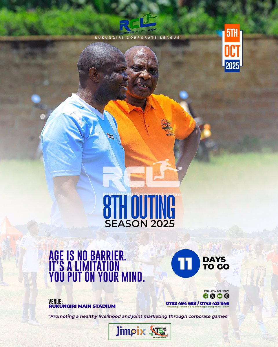 Age is not barrier………
11 days on the count down.
Don’t miss to be part of us in the 8th outing.

🗓 05/10/2025.
🏟 Rukungiri Main Stadium.

 ✅ Free entry for the general public 

Experience a full year of corporate sports.
#RukungiriCorporateLeague2025.