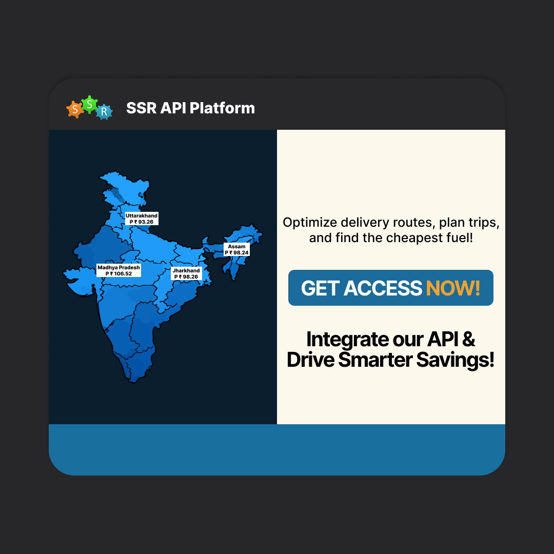 ssr_official1's tweet image. Real-time fuel prices + smart route optimization = maximum savings!
Our API delivers district-wise fuel data across India for smarter fleet management and cost-effective travel planning.
Integrate today: api.ssrinnovationlab.com
#FuelAPI #RouteOptimization #FleetTech #Logistics