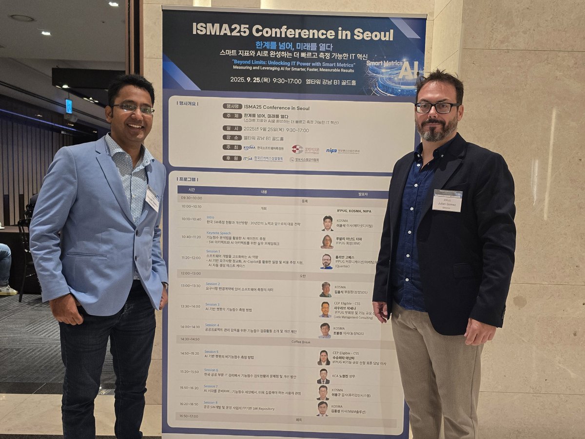 QuanterApp's tweet image. ✨#ISMA2025 took place in Seoul this morning!

300+ on-site &amp;amp; online joined to explore #AI &amp;amp; smart metrics. Congrats to our colleagues @fjuliangomez &amp;amp; Saurabh Saxena (IFPUG Board) for their sessions.

An honor for us to sponsor this event so well organized by ‌@IFPUG &amp;amp; #KOSMA