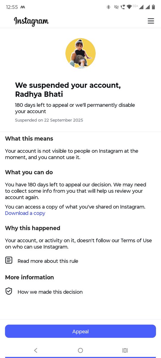 GunjanParariya's tweet photo. My accounts (@radhya_bhati, @gun_jan_parariya, FB: Gunjan Parariya) were disabled without proper review. 
DOB on all = 1994. These are my accounts. 
Please help restore access I can share ID privately Screenshot attached Instagram  @InstagramComms @Meta @instagram https://t.co/088gSxnYRH