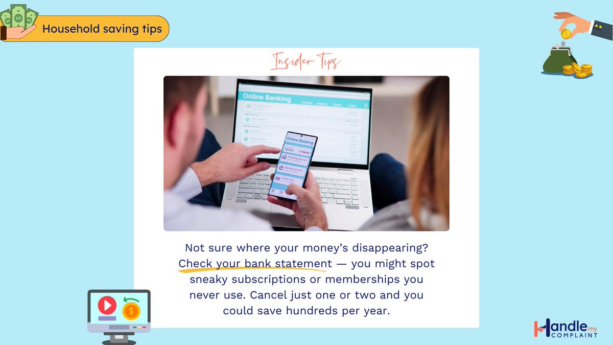 HandleComplaint's tweet image. “Set-&amp;amp;-forget” #subscriptions are great for companies, not for us. 💳✨

A quick scan of your #bankstatement could uncover #memberships or subs you won’t even miss &amp;amp; cancelling just one can save you #cash.

More tips 👉 tinyurl.com/HMConHousehold…

#HandleMyComplaint