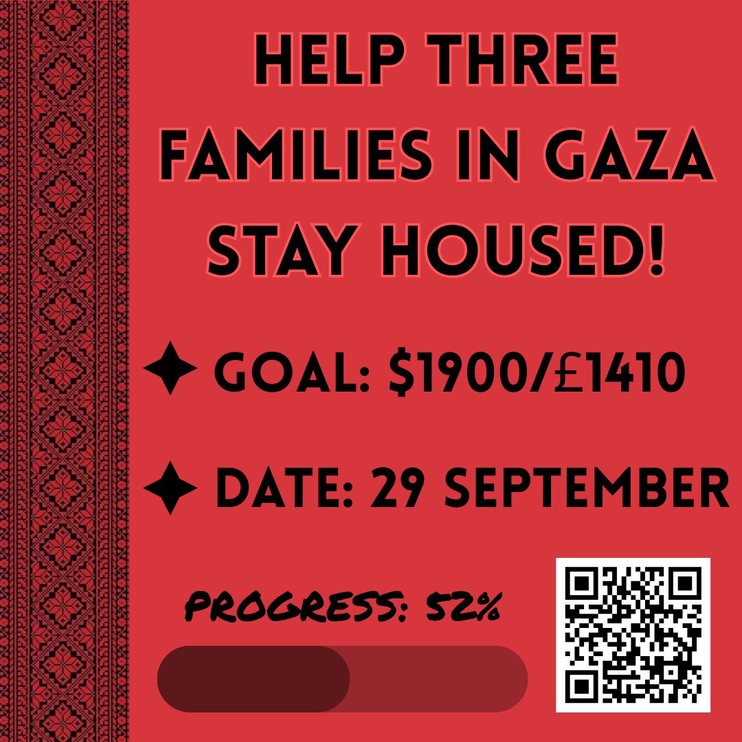 📢 4 DAYS TO KEEP 3 FAMILIES HOUSED 📢
Every £5 you can add today helps three Palestinian households - <a href="/MotazMo47551743/">Motaz Motaz</a>, <a href="/GhazalMahm8256/">Ghazal Mahmoud2</a> and <a href="/SamehMahmou2003/">Sameh Mahmoud🍉🇵🇸✌🏻</a>'s - to keep a roof over their heads. Support them all with one click of a button. 
chuffed.org/project/rentga…