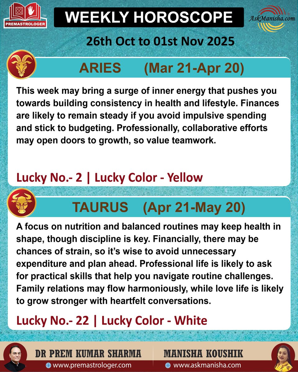 premastrologer's tweet photo. Weekly Horoscope 26th Oct to 1st Nov’ 2025

#Aries #Taurus #Gemini #Cancersign #Leo #Virgo
#weeklyhoroscope

To check your sign pls click the link below:
https://t.co/oEtBrLmYb2
For personal consultation at +919216141456 https://t.co/f66kYFdqaA