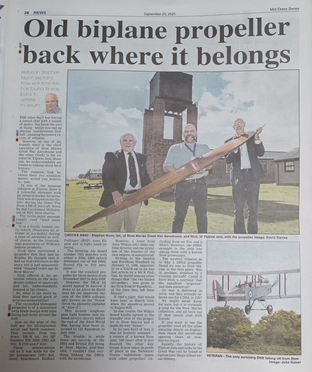 <a href="/StowAero/">Stow Maries Aero</a> gets jam on it as old prop comes home. See today's <a href="/maldonstandard/">Maldon and Burnham Standard</a> It even includes a rare picture of <a href="/StowMaries_Ian/">Ian@StowMaries</a>