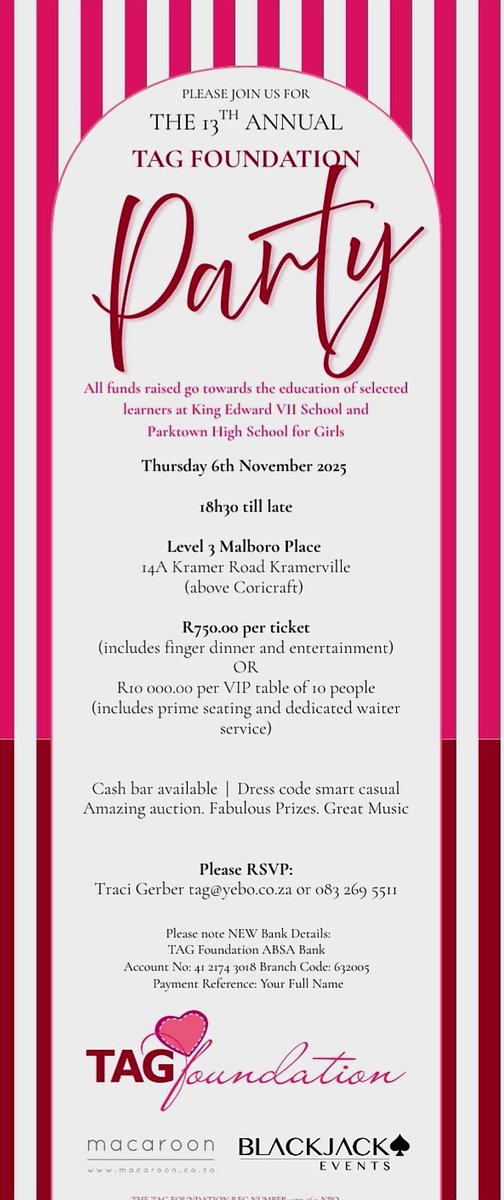FoundationTag's tweet image. Taggers ➡️Don&apos;t Miss Out! 🎉
The countdown is on  for our 13th Annual
@FoundationTag Party raising funds for change through education @KingEdVIISchool @parktown_girls 
RSVP: @GerberTraci tag@yebo.co.za /083 269 5511
#tagparty #seeyouthere #bookyourtable