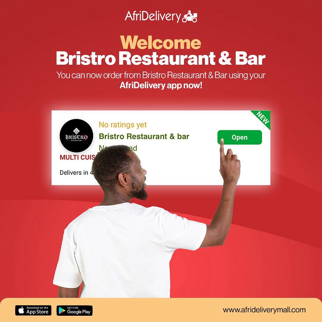 Say hello to your new favorite spot! 🍽️ Bristro Restaurant &amp; Bar is now on AfriDelivery. Tap, order, and enjoy their delicious meals delivered straight to you in no time! 🚴‍♂️✨ #AfriDelivery #NewOnAfriDelivery #BristroRestaurant #Foodie