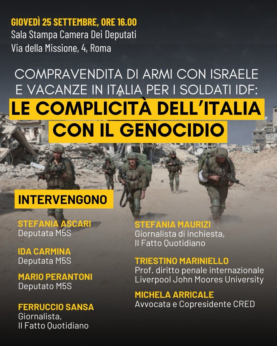 Oggi #CameraDeiDeputati a denunciare la complicità del governo #Meloni e dell'industria delle armi nel #genocidio e invitare i giovani che lavorano per i giganti delle armi, del software e quelli che hanno accompagnato #SoldatiIDF a NON essere complici con loro silenzio