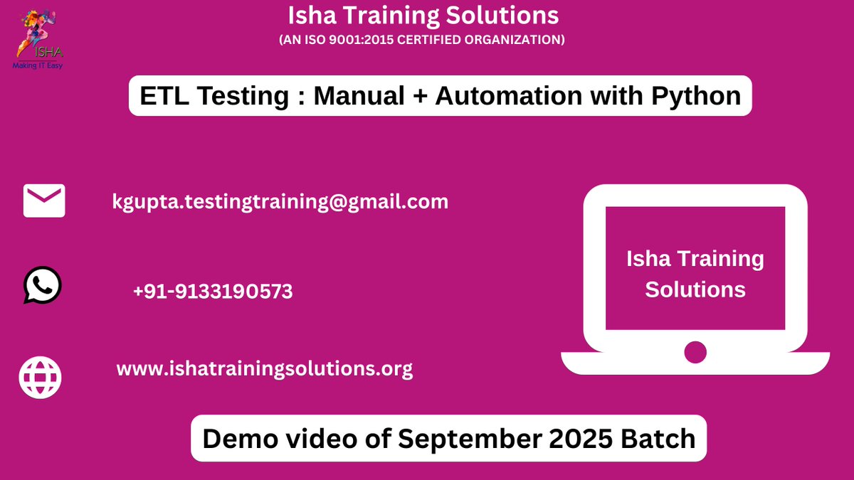 IshaKumargupta's tweet image. ETL Testing : Manual+Automation with Python-Demo video
youtu.be/supm-HfkOUE
Enrolments are still in progress
Regular sessions will start from:25th Sep @ 9PM(IST)/25th Sep @ 11:30AM(EST)
The course Price: 6,900 INR/89 USD
call/WhatsApp @ +91-9133190573
#ETLTesting #DataTesting