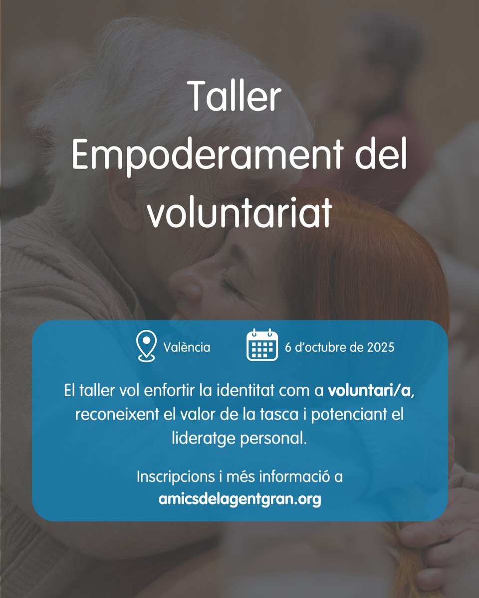 👐 Potencia el teu impacte com a voluntari/a 💪

Et convidem al taller presencial a València per reforçar el teu propòsit, lideratge i motivació ✨

📅 6/10/25 | 18-20h
📍 Amics de la Gent Major

🔗 Inscriu-te aquí: 
amigosdelosmayores.org/ca/formacio/ta…

#Voluntariat #Formació #StopSoledat