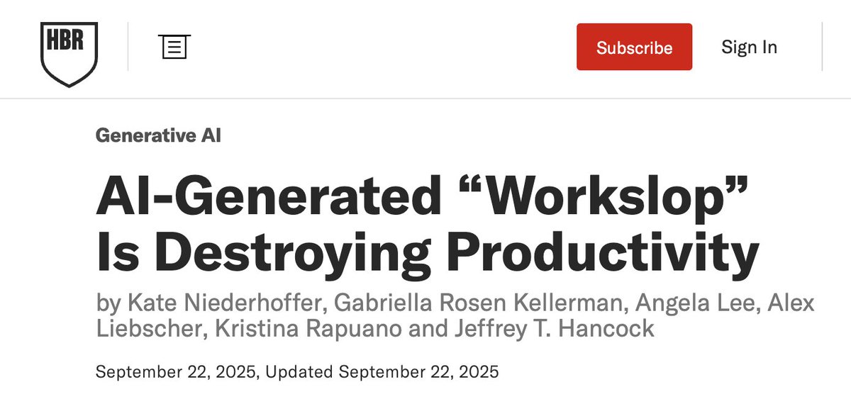"Employees are using AI tools to create low-effort, passable-looking work that ends up creating more work for their coworkers."

🔗 hbr.org/2025/09/ai-gen…