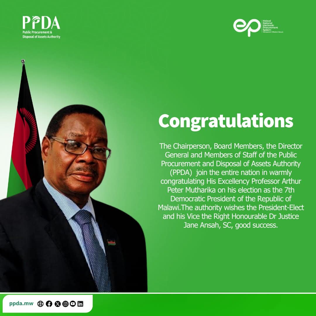 MwPpda's tweet image. PPDA extends sincere congratulations to His Excellency Professor Arthur Peter Mutharika and the Right Honourable Justice Dr Jane Ansah, SC, on their election as President and Vice President of the Republic of Malawi.