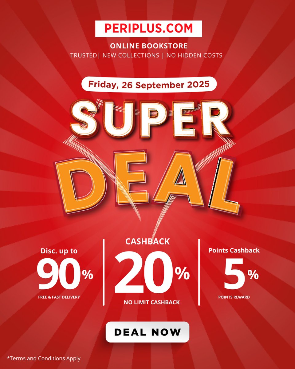 Mark your calendar! One-Day Super Deal: 20% CASHBACK Awaits! 💰
Don’t miss the biggest book deal of the month — only on September 26! periplus.com/promotion/supe…