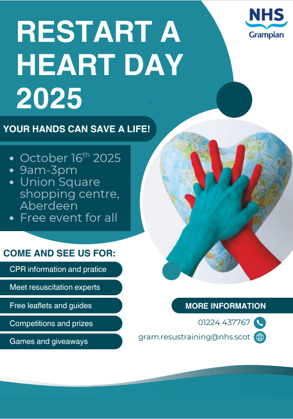 NhsgResusDept's tweet photo. Join us on 16th October @UnionSqAberdeen to learn life  saving CPR skills for #RestartAHeartDay https://t.co/fankgIDMyC