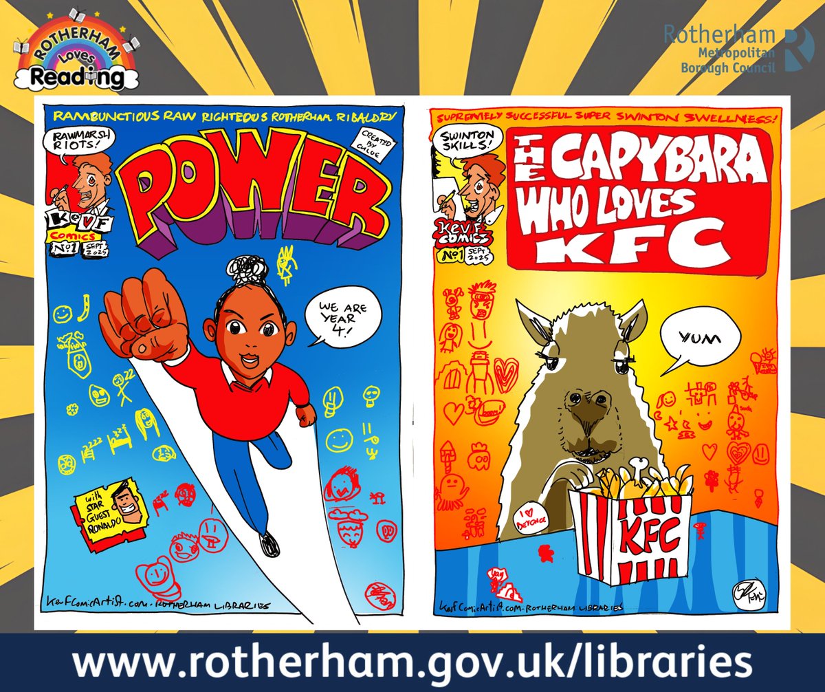 RothLibraries's tweet image. Happy #NationalComicBookDay!
Y4 from Ashwood School & Y5 from Kilnhurst St Thomas joined us at Rawmarsh & Swinton Libraries for a comic book masterclass with Kev F! 🖍️💥
Here’s the brilliant covers the children created! 👇
Thanks to Kev & both schools for an unforgettable day!