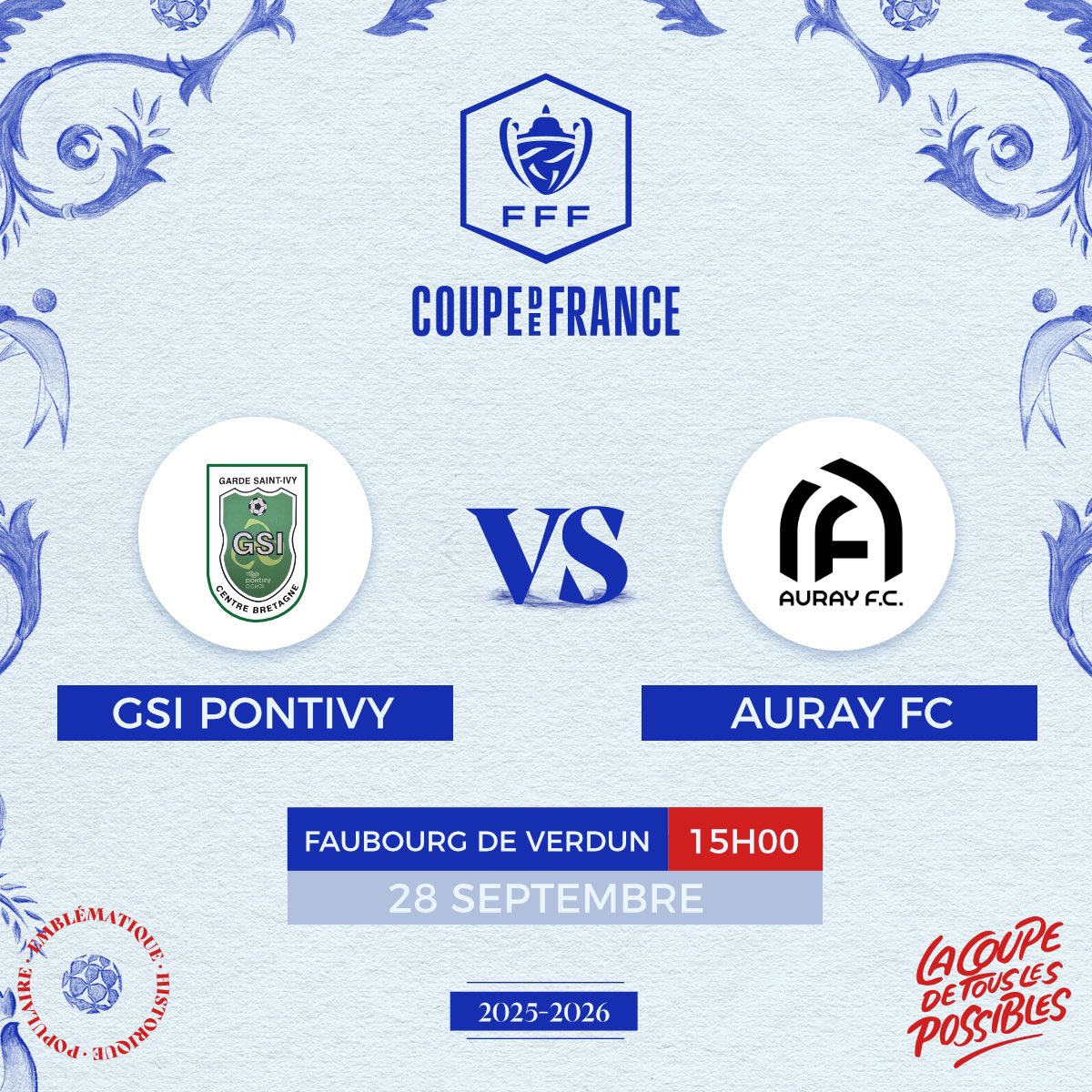 Pour ce 4eme tour de Coupe De France nos 💚&amp;🤍 reçoivent Auray au Faubourg de Verdun ! 

Venez nombreux soutenir notre équipe fanion ! Le Faubourg de Verdun sera animé par notre nouvelle voix, fraîchement arrivée 🎤