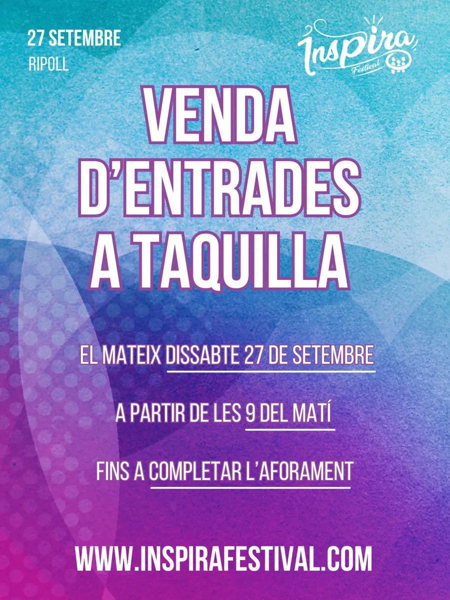 🎉 Aquest dissabte 27 de setembre, Festival Inspira a la Devesa del Pla de #Ripoll durant tot el dia!

🎟️ Entrades en línia exhaurides. Només se'n podran comprar a taquilla des de les 9 h.

🔗 Tota la informació a inspirafestival.com

👇 Mapa i consells: