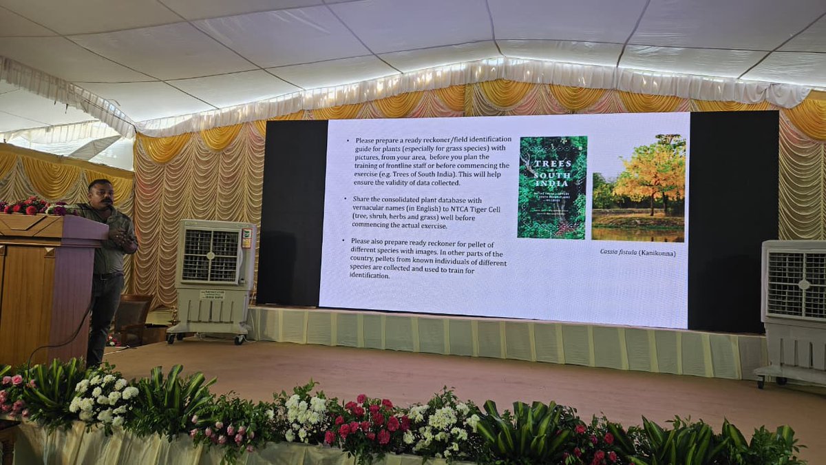 wii_india's tweet photo. Shri Deb Rajan Laha led the technical session on Phase 1 protocols: Habitat Plot, human impact data (Form 3a,b,c) & pellet count (Form 4). He highlighted the importance of collecting vegetation data for obtaining habitat indices that influence tiger distribution, monitoring habitat quality & better management. @ntca_india @wii_india @SACONCoimbatore  @vidushak_999 @wildwithwolves @V_kolipakam @MudumalaiTR @Bandipur_TR #AITE6