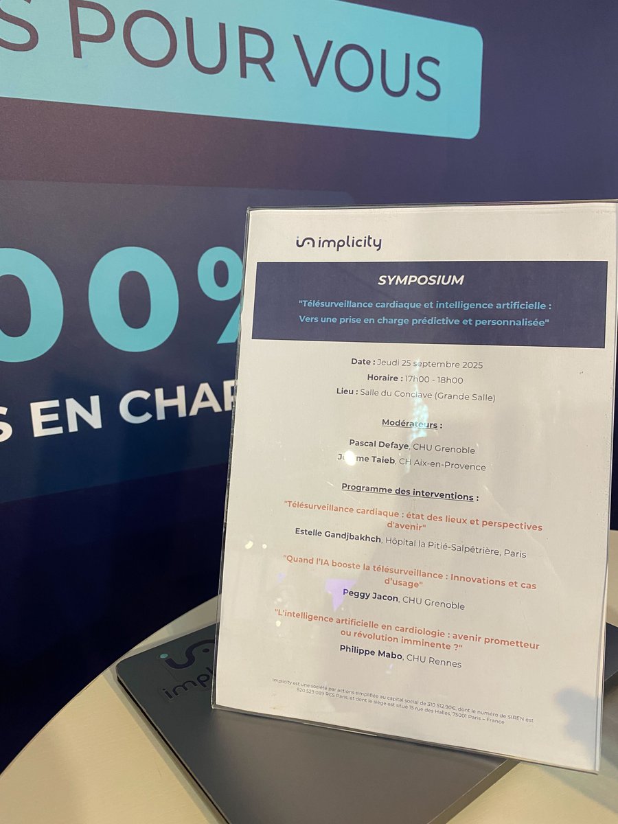 Vous êtes à Avignon pour les Journées de #Rythmologie ? Ne manquez pas le symposium Implicity ce soir à 17h sur la #Télésurveillance #Cardiaque et l'#IA ! Venez échanger avec des experts sur la prise en charge prédictive et personnalisée.
#Cardiologie #SantéConnectée @SFC_Cardio