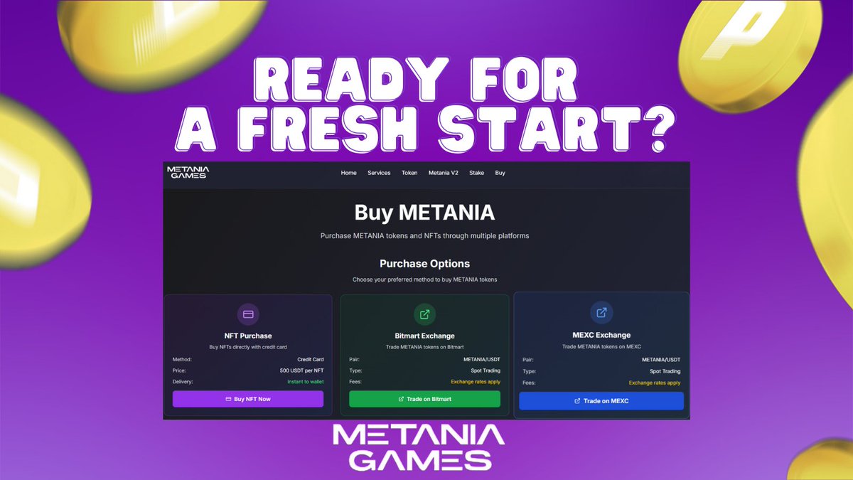 🚀 Ready for a Fresh Start?

Big things are happening at Metania:
🌐 Our website just got a major upgrade
📊 You can now track your staking &amp; vesting status live with your wallet
💳 Buy $METANIA with a credit card – easy and fast!
📞 Call support is ending, but we're here 24/7