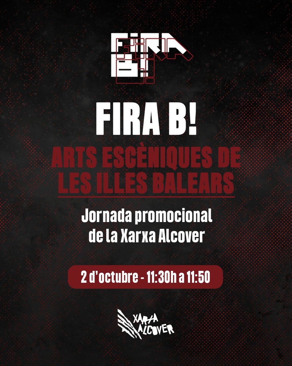 🚨 Tenim cita a la <a href="/FiraB_IEB/">Fira B!</a>!

El dimecres 2 d’octubre, d'11:30 a 11:50 h, la #XarxaAlcover presenta la seva jornada promocional: novetats, nous projectes i totes les oportunitats que ofereix la Xarxa a companyies, programadors i públic.

👉 Apunta-ho a l’agenda!