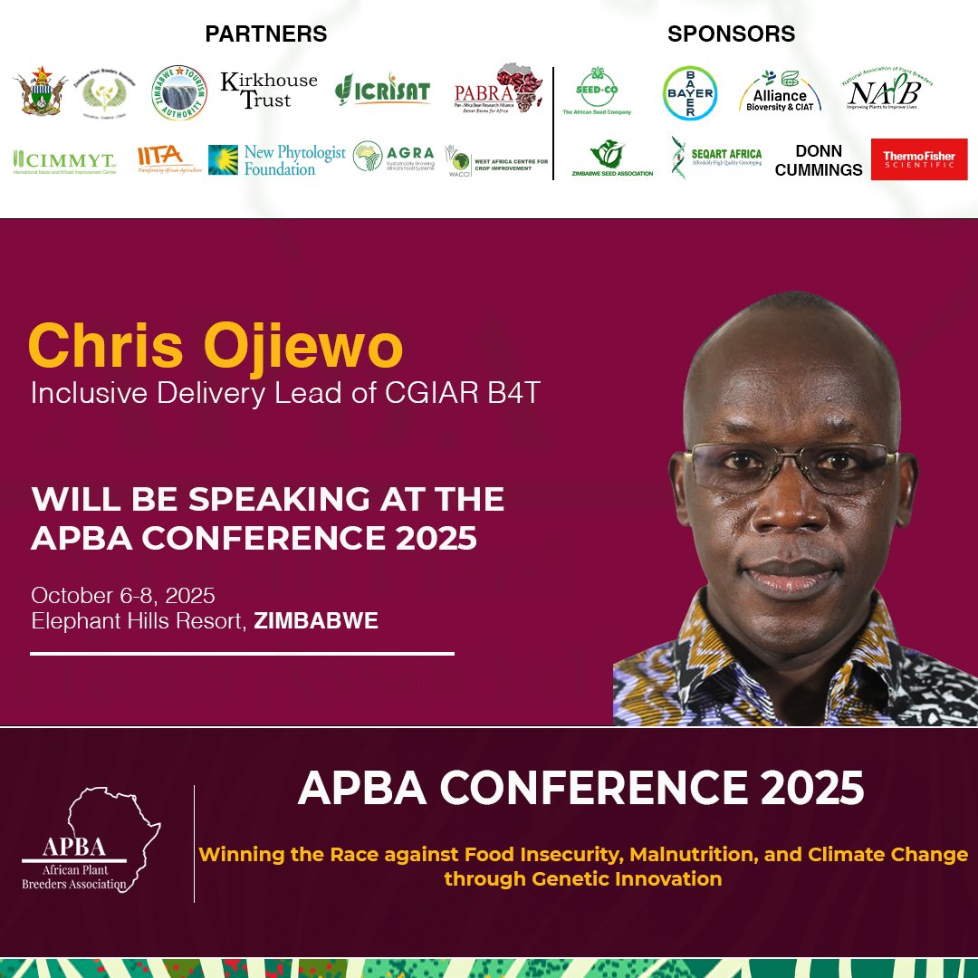 How can impactful crop varieties tackle malnutrition, poverty, and food insecurity?

Join us at #APBAConf2025 as Dr. Chris Ojiewo, Inclusive Delivery Lead at CGIAR B4T, delivers a keynote address on this critical challenge.
Register : africanplantbreeders.org

#APBAConf2025