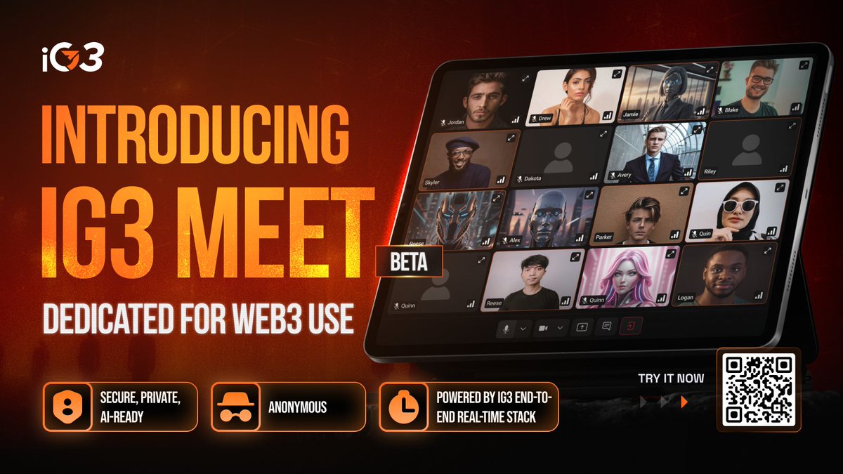 Introducing: iG3 Meet (Beta)
The first product on the iG3 Edge Stack. An encrypted &amp; anonymous meeting tool designed specifically for Web3 users

Coming soon with paid features: AI-powered meeting recording &amp; smart summaries

Try it now 👉 meet [.] ig3 [.] ai
(or scan the QR code