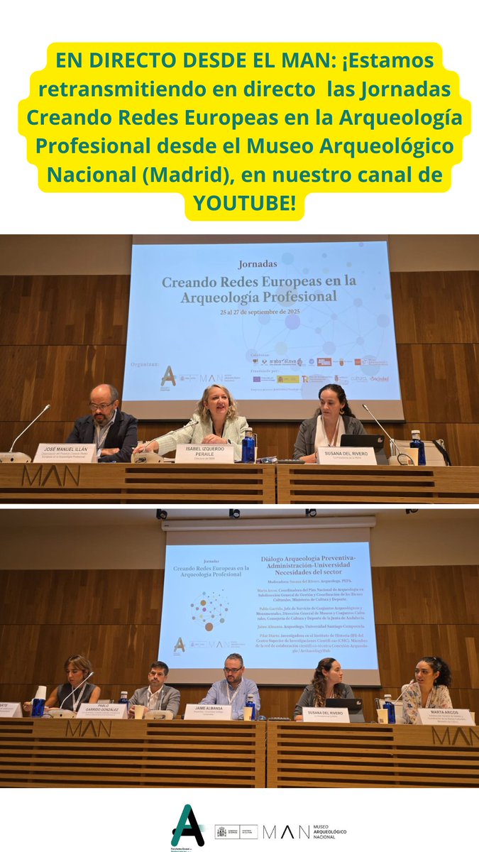 ¡ESTAMOS RETRANSMITIENDO LAS JORNADAS EN DIRECTO EN NUESTRO CANAL DE YOUTUBE DESDE EL MAN!:
youtube.com/live/pg6KWB7Gl…

#CreandoRedesEuropeasArqueologíaProfesional #CREAP #Jornadas #museo #arqueología #MAN #MinisterioDeCultura #archaeology #Cultura #Patrimonio #Madrid