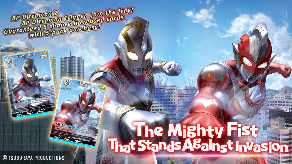 udcc_en's tweet image. ◤#UltramanDigitalCardCollection◢

The new card pack &quot;The Mighty Fist That Stands Against Invasion&quot; featuring Ultraman Z Beta Smash (AP) and Ultraman Trigger Power Type (AP), is now on sale!✨ 

Don’t miss out!🤩
#UltramanCardGame #UltramanCollection