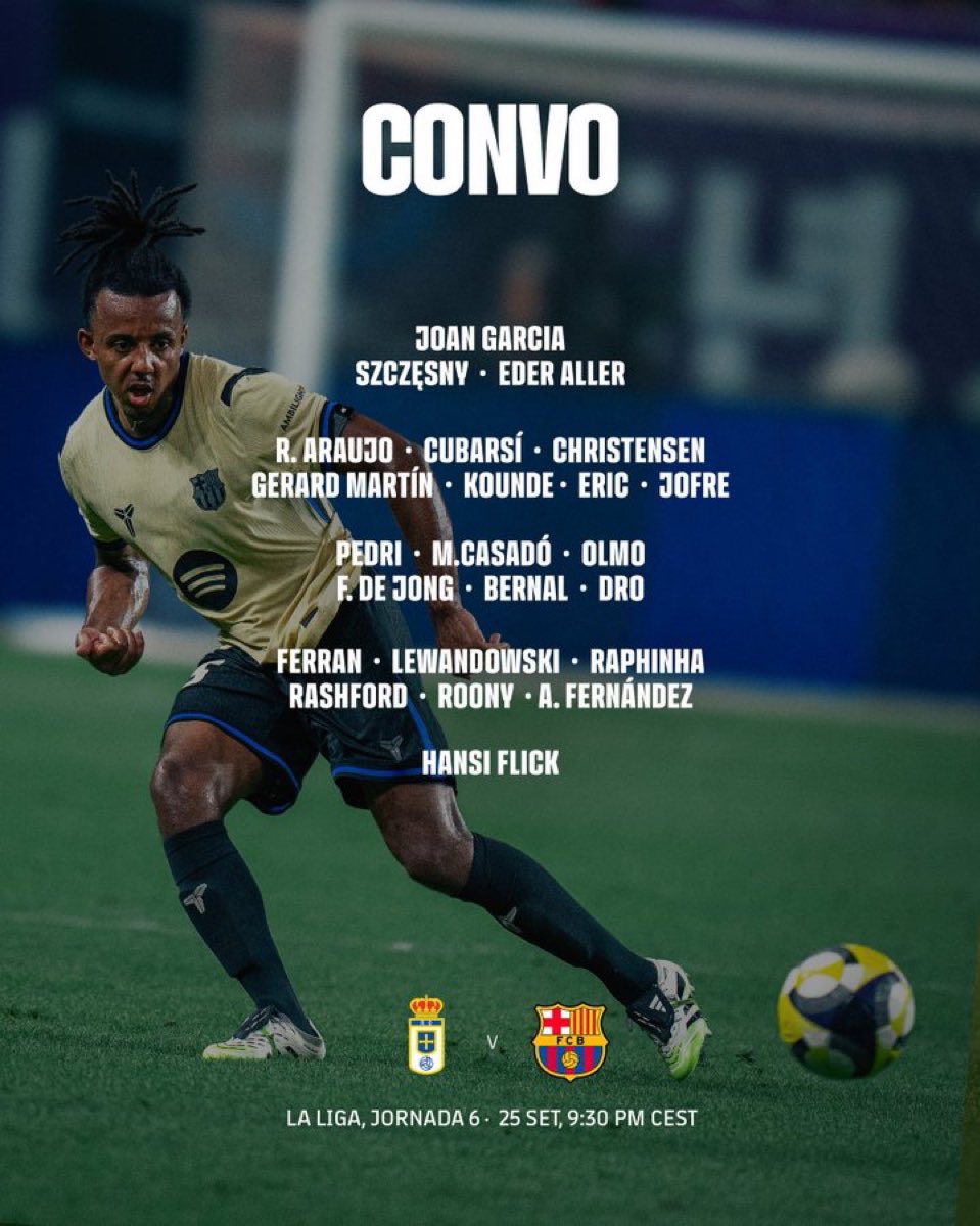 BarcaNewsFRA's tweet photo. 🚨 OFFICIEL: Le groupe du FC Barcelone pour affronter le Real Oviedo ce soir ! 💙❤️
 
❌ Balde, Ter Stegen, Gavi, Fermin et Lamine. https://t.co/cxS32XXeui