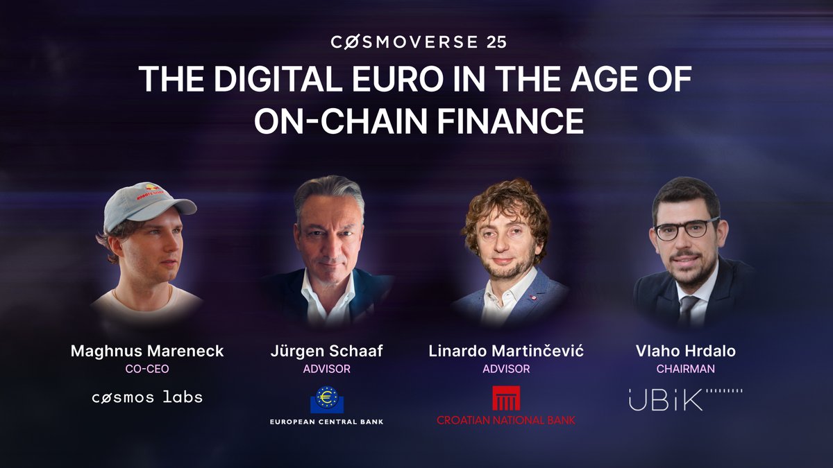 CosmoverseHQ's tweet image. We are excited to reveal our first panel:
“The Digital Euro in the Age of On-Chain Finance.”
At #Cosmoverse25, we host a timely conversation on one of Europe’s most important initiatives: the digital euro.
The panel will explore how central banks, policy experts, and protocol…