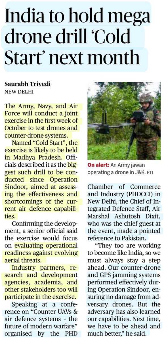 imRavikantYadav's tweet image. India to hold mega Drone Drill &apos;Cold Start&apos; next month

:Details by Sh Saurabh Trivedi
@saurabh3vedi 

#ColdStart #DroneDrill
#Indian #Army #Navy #AirForce 
#Drones #dronetech #DroneWarfare #UAVs 
#OpSindoor 
#Defence #Security 

#UPSC 

Source: TH