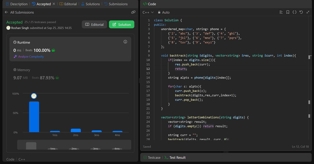oRoshanSingh's tweet image. Letter Combinations of a Phone: leetcode.com/problems/lette…
My Solution:
Time Complexity: O(4^N x N)
Space Complexity: O(N)
#LeetCode #Backtrack #Hashmap #DSA #Vector #String #CPP #Programming #CodingChallenge #Problem #Solution