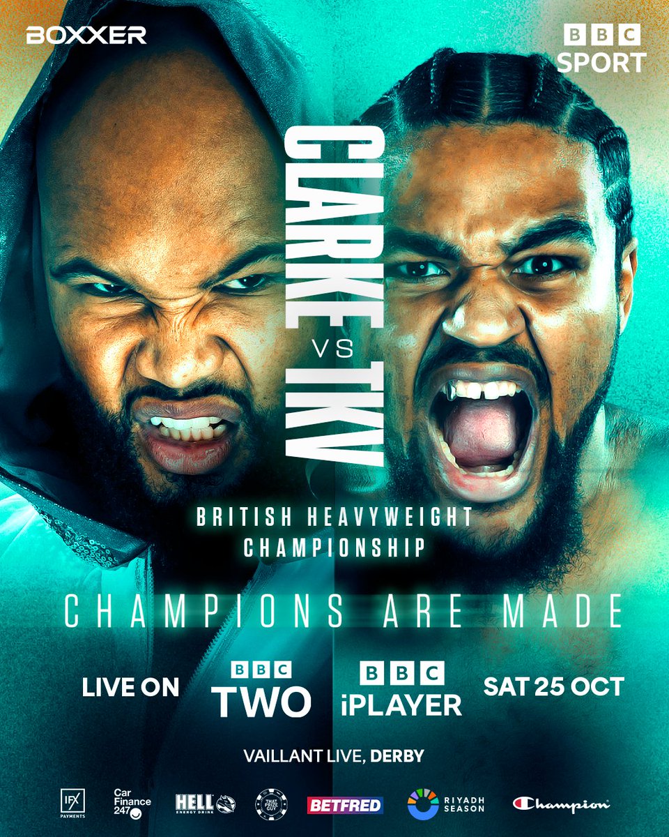 IFLTV's tweet photo. ANNOUNCED 🚨

@BigFrazeBoxer will face @JeamieTkvBoxing LIVE on BBC2 for the vacant British heavyweight title on Oct. 25 in Derby 🥊

It will be @boxxer's first card since signing a broadcasting deal with the BBC 📺

Who do you think wins that fight? 

#ClarkeTshikeva | #BritishBoxing | #HeavyweightBoxing