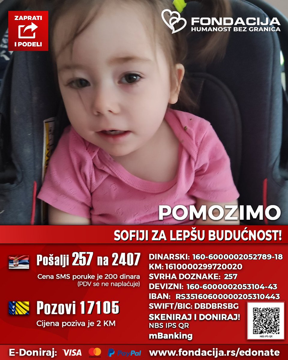 ZAPRATI NAŠ PROFIL, PODELI TVIT I POMOZI DECI!🙏
🇷🇸 Pošalji SMS: 257 na 2407
🇧🇦 Pozovi: 17105

Sofija Pranić (2023.) od rođenja vodi hrabru borbu za život. U drugom mesecu života dijagnostikovana joj je epilepsija, a kasnije i cerebralna paraliza, hemimegalencefalija desne